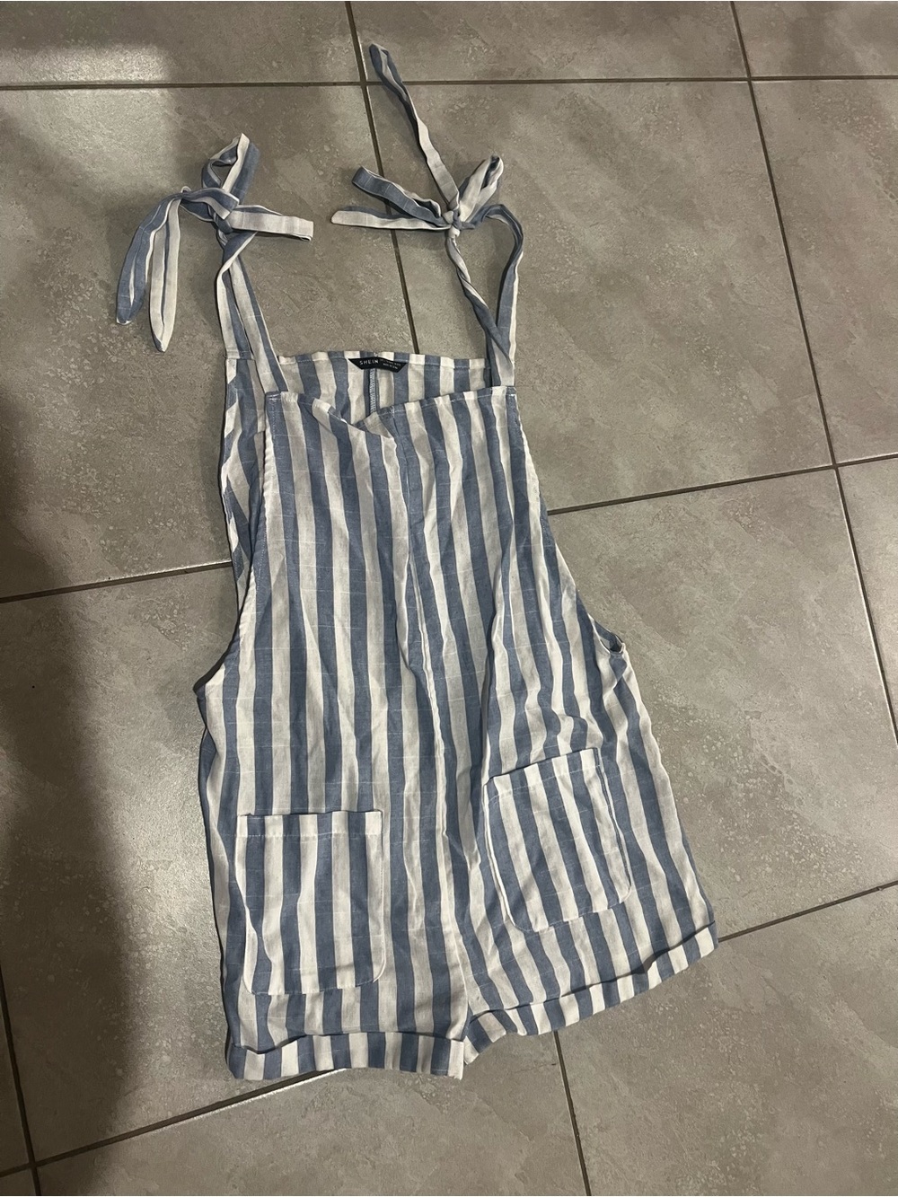 SHEIN Blue & White Striped Tie-Shoulder Romper